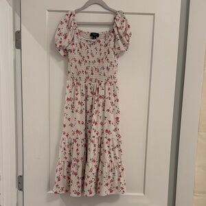 Aqua Girls Cream Floral Smocked Midi Dress with Puff Sleeves